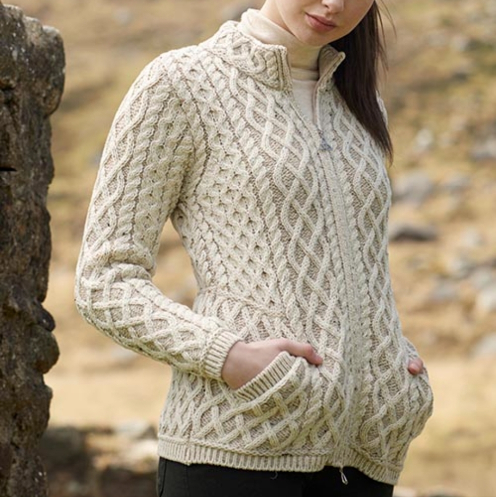 Aran Crafts Merino Wool Yeats Short Plated Zip Cardigan